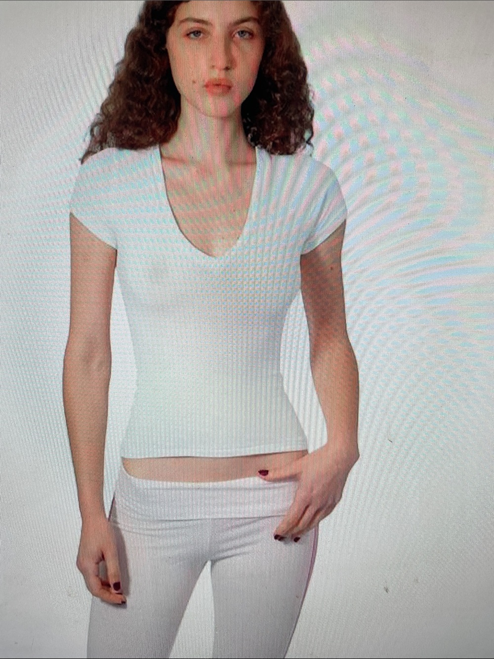 Women's White V-Neck Ribbed Short Sleeve Top